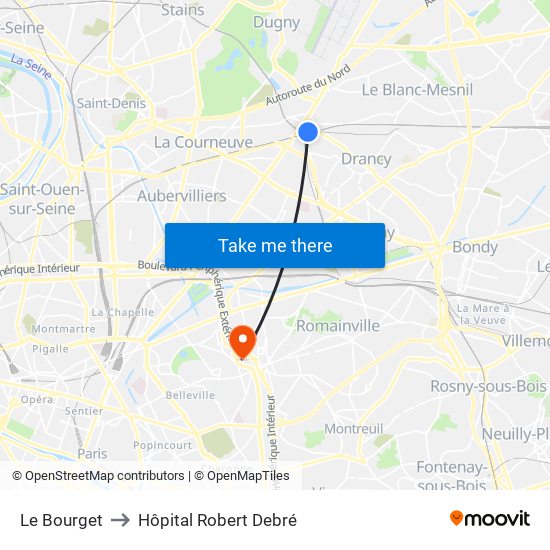 Le Bourget to Hôpital Robert Debré map