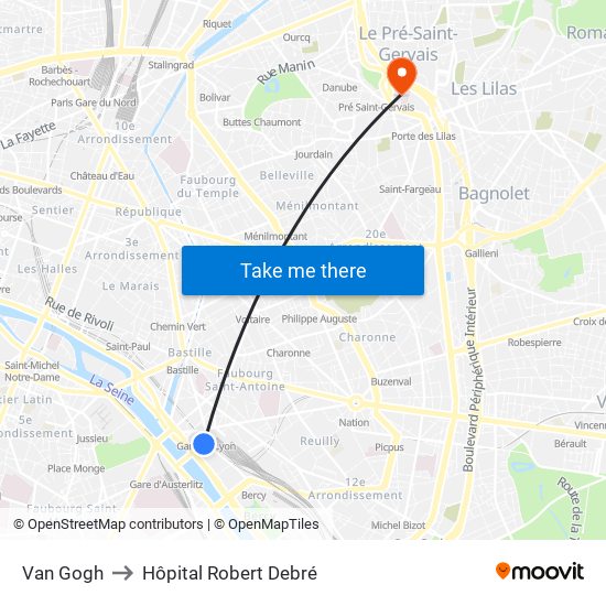 Van Gogh to Hôpital Robert Debré map
