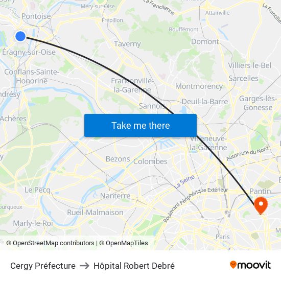 Cergy Préfecture to Hôpital Robert Debré map