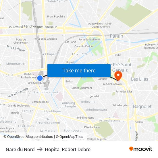 Gare du Nord to Hôpital Robert Debré map