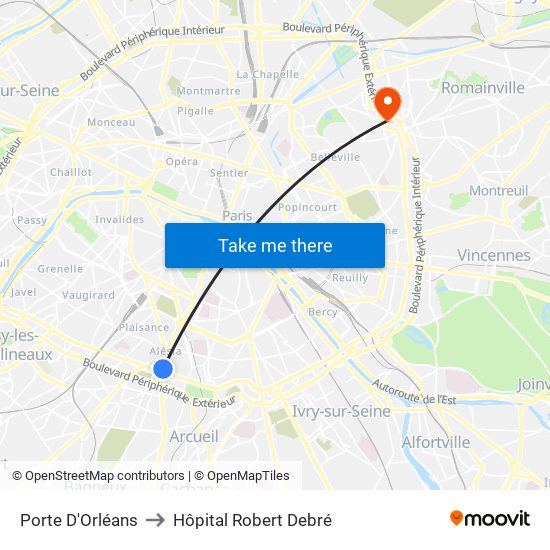 Porte D'Orléans to Hôpital Robert Debré map