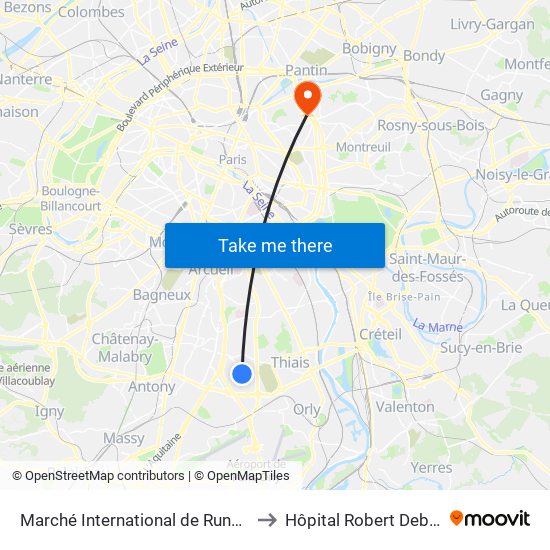 Marché International de Rungis to Hôpital Robert Debré map