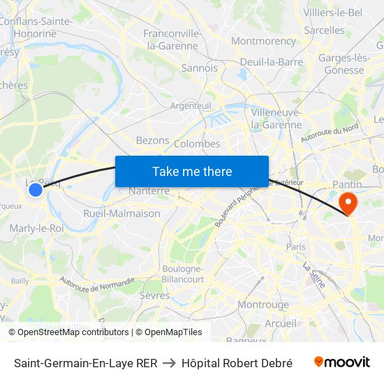 Saint-Germain-En-Laye RER to Hôpital Robert Debré map