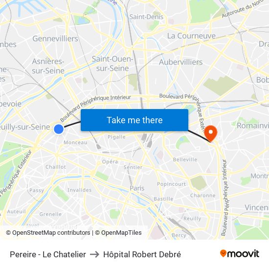 Pereire - Le Chatelier to Hôpital Robert Debré map