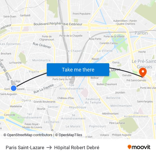 Paris Saint-Lazare to Hôpital Robert Debré map