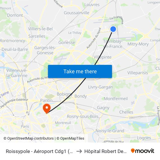 Roissypole - Aéroport Cdg1 (G1) to Hôpital Robert Debré map