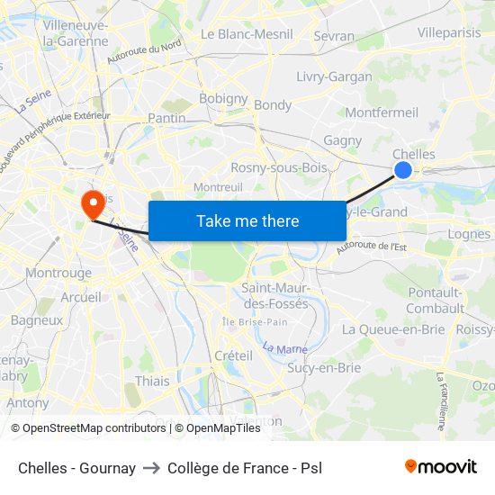 Chelles - Gournay to Collège de France - Psl map