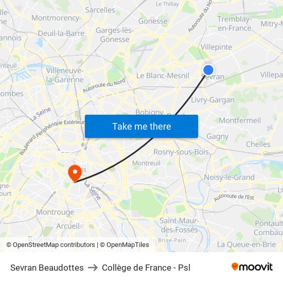 Sevran Beaudottes to Collège de France - Psl map
