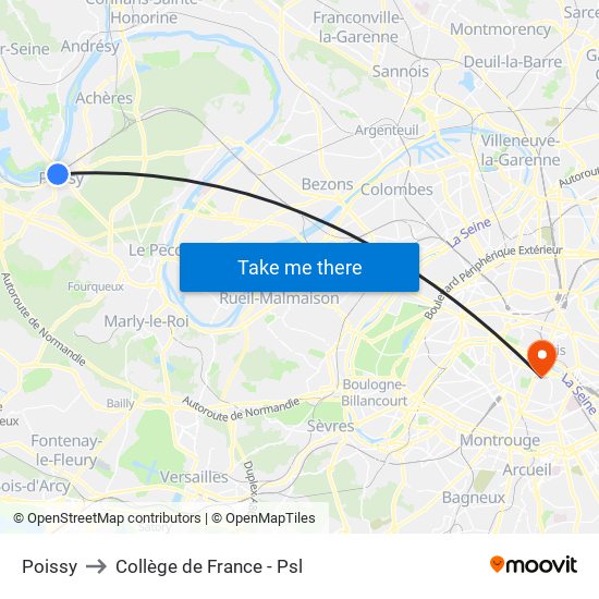 Poissy to Collège de France - Psl map