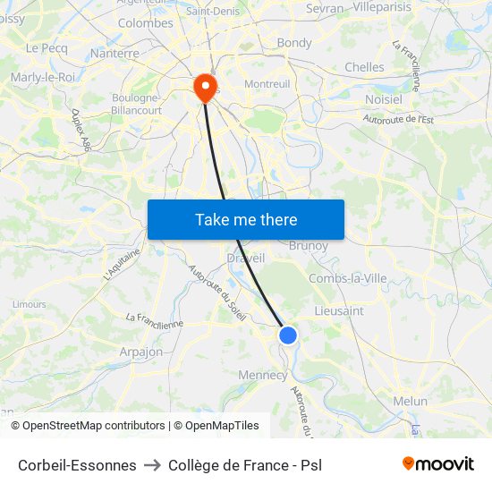 Corbeil-Essonnes to Collège de France - Psl map