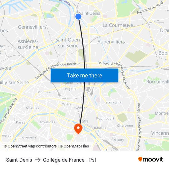 Saint-Denis to Collège de France - Psl map