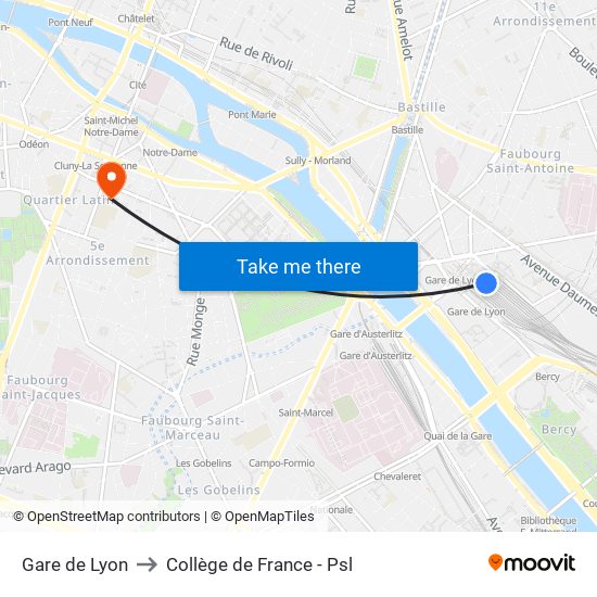 Gare de Lyon to Collège de France - Psl map
