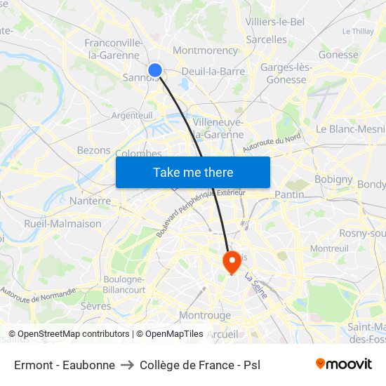 Ermont - Eaubonne to Collège de France - Psl map