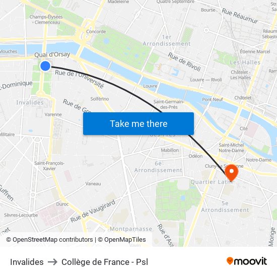 Invalides to Collège de France - Psl map