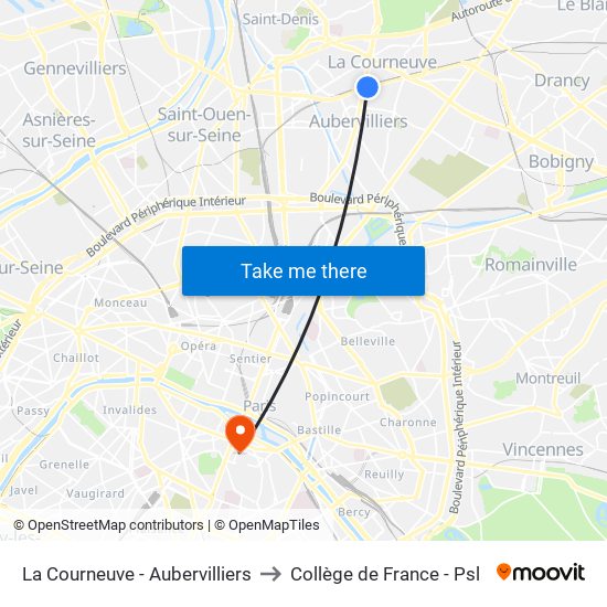 La Courneuve - Aubervilliers to Collège de France - Psl map