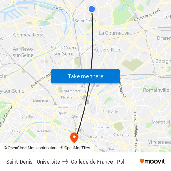 Saint-Denis - Université to Collège de France - Psl map