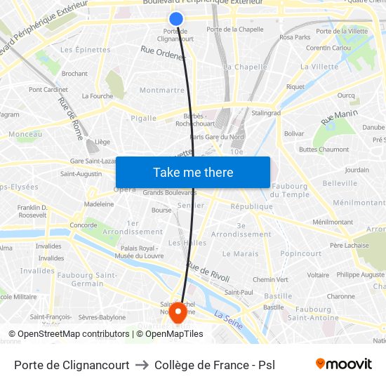 Porte de Clignancourt to Collège de France - Psl map