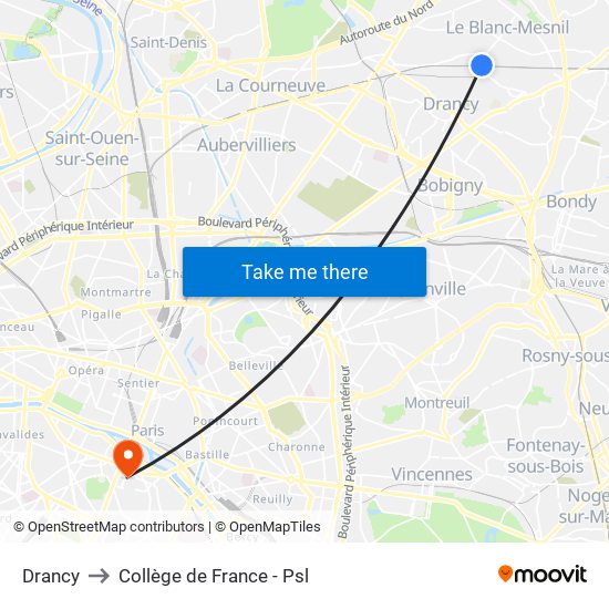 Drancy to Collège de France - Psl map