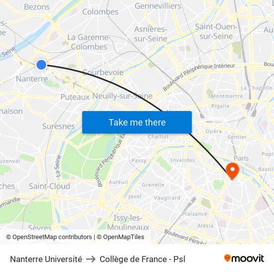 Nanterre Université to Collège de France - Psl map