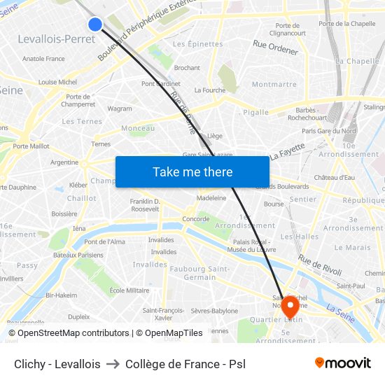 Clichy - Levallois to Collège de France - Psl map