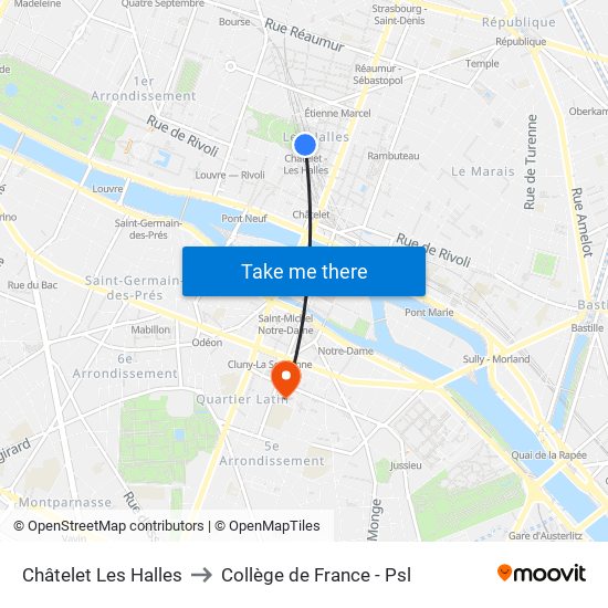 Châtelet Les Halles to Collège de France - Psl map