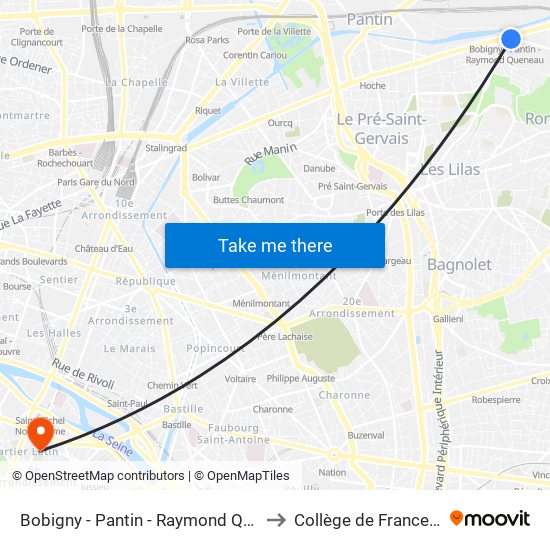 Bobigny - Pantin - Raymond Queneau to Collège de France - Psl map