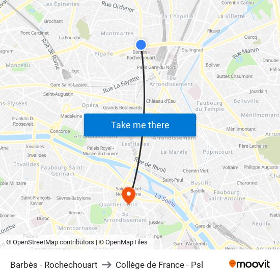 Barbès - Rochechouart to Collège de France - Psl map
