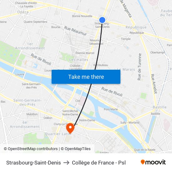 Strasbourg-Saint-Denis to Collège de France - Psl map