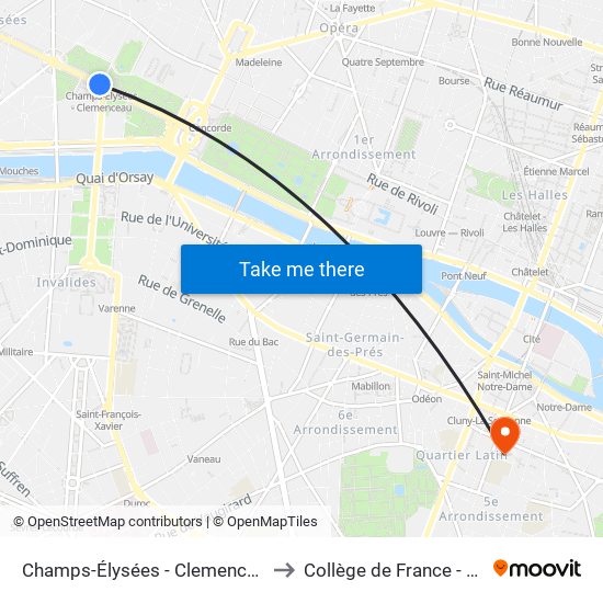 Champs-Élysées - Clemenceau to Collège de France - Psl map
