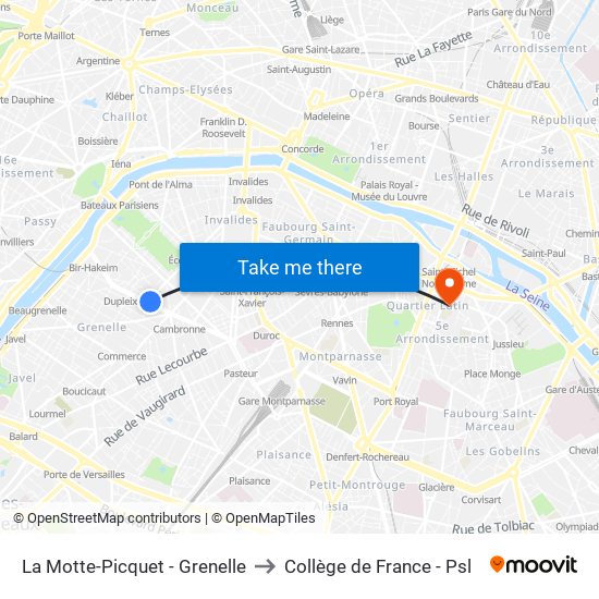 La Motte-Picquet - Grenelle to Collège de France - Psl map