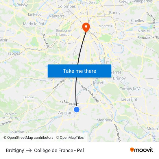 Brétigny to Collège de France - Psl map
