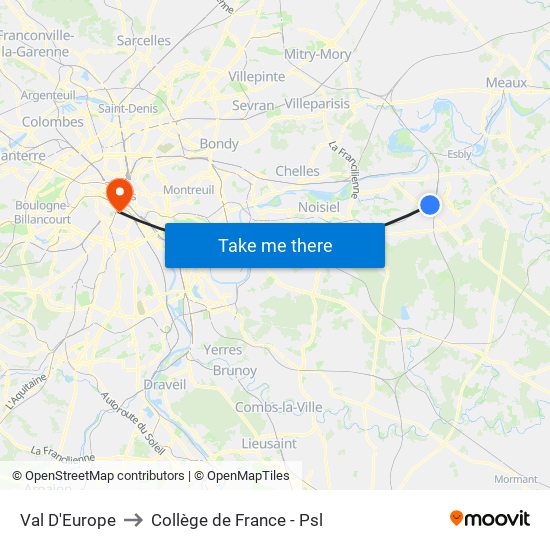Val D'Europe to Collège de France - Psl map