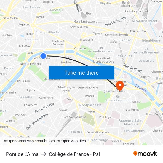 Pont de L'Alma to Collège de France - Psl map