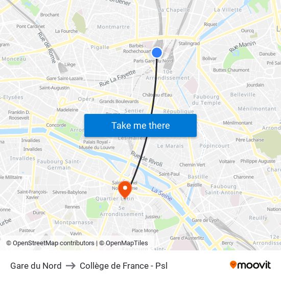 Gare du Nord to Collège de France - Psl map