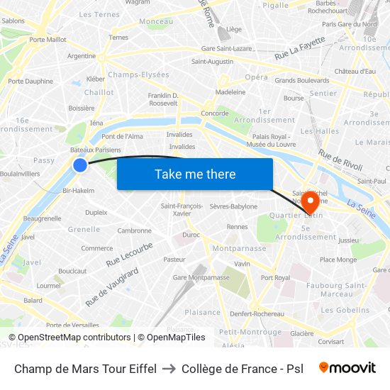 Champ de Mars Tour Eiffel to Collège de France - Psl map