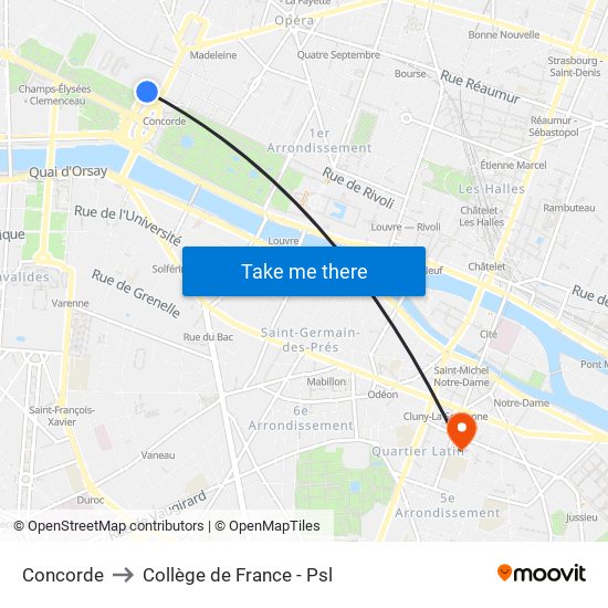 Concorde to Collège de France - Psl map