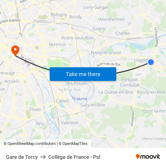 Gare de Torcy to Collège de France - Psl map