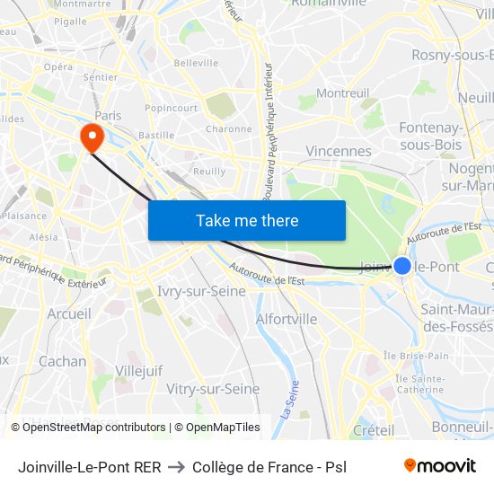Joinville-Le-Pont RER to Collège de France - Psl map