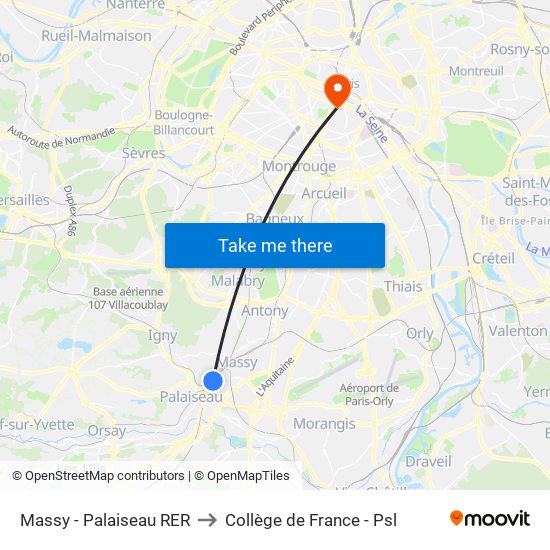 Massy - Palaiseau RER to Collège de France - Psl map
