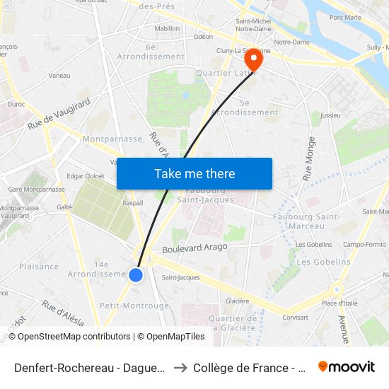 Denfert-Rochereau - Daguerre to Collège de France - Psl map