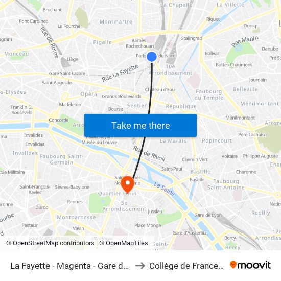 La Fayette - Magenta - Gare du Nord to Collège de France - Psl map