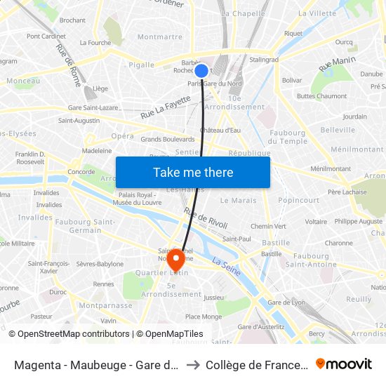 Magenta - Maubeuge - Gare du Nord to Collège de France - Psl map