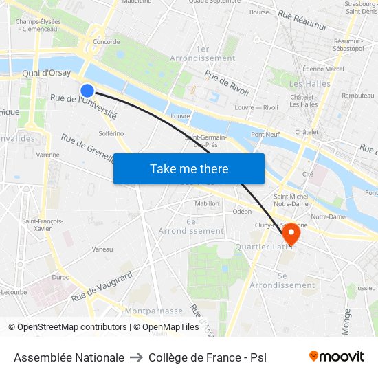 Assemblée Nationale to Collège de France - Psl map