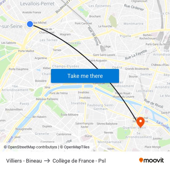 Villiers - Bineau to Collège de France - Psl map