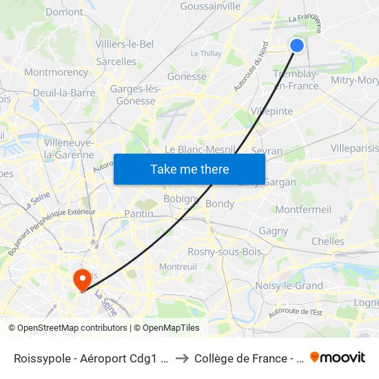 Roissypole - Aéroport Cdg1 (E2) to Collège de France - Psl map