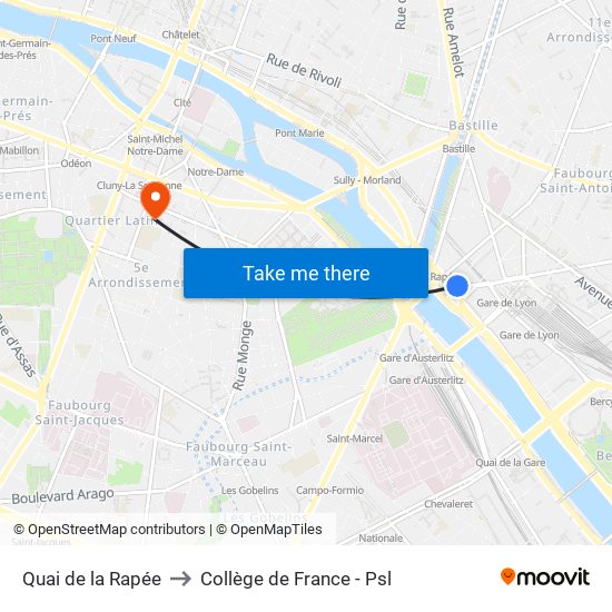 Quai de la Rapée to Collège de France - Psl map