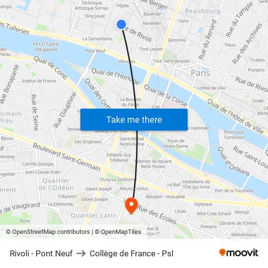 Rivoli - Pont Neuf to Collège de France - Psl map