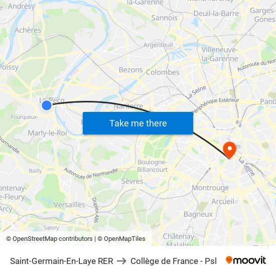 Saint-Germain-En-Laye RER to Collège de France - Psl map