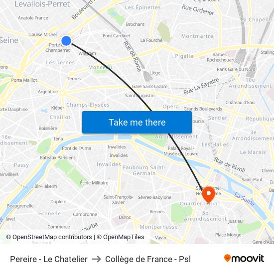 Pereire - Le Chatelier to Collège de France - Psl map