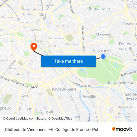 Château de Vincennes to Collège de France - Psl map